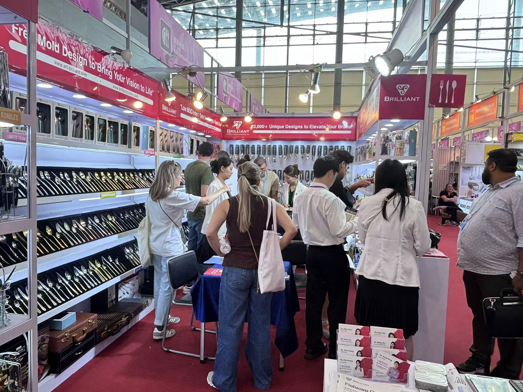 Side-by-side images: a cutlery manufacturing facility and a trading company's office